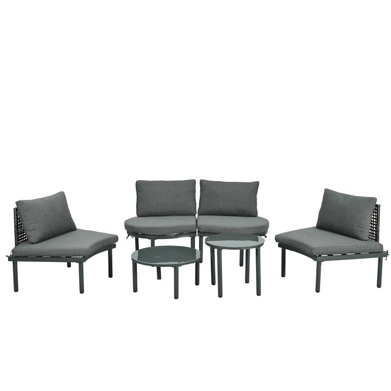 6-Piece Patio Sofa Set,Half Moon Sectional Sofa with 2 High-Low Coffee Tables,PE Wicker Rattan,4 Pillows & Cushions