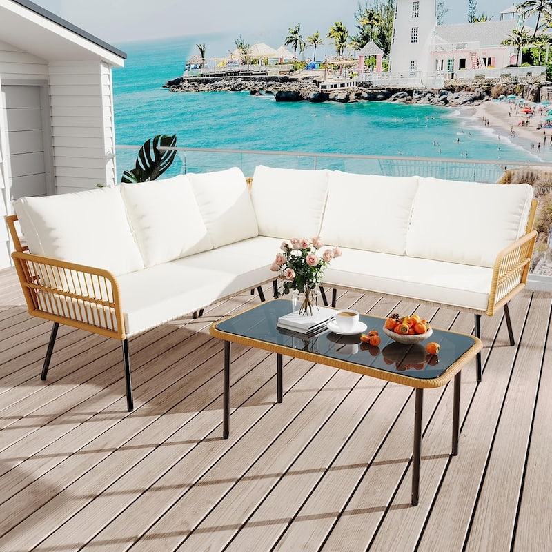 4-Pieces Outdoor Patio Furniture Set, L-Shaped Sectional Sofa