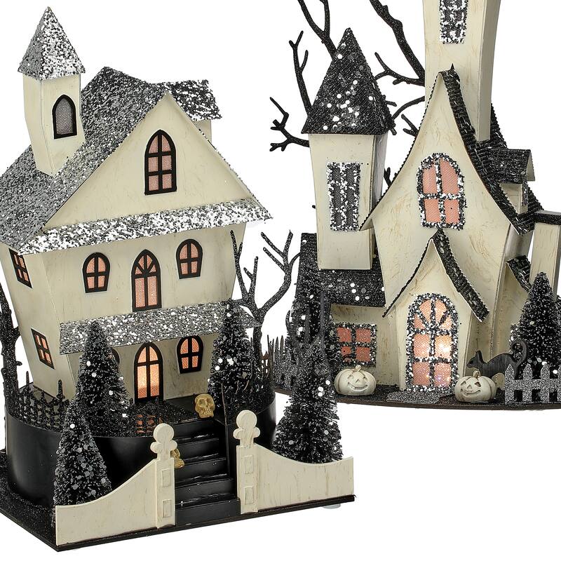12.5-13.5" LED Battery Operated Timer Cardboard Haunted House Set of 2