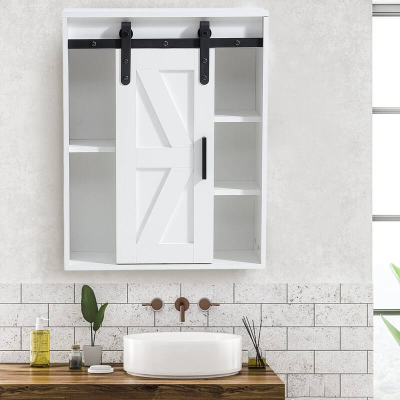 Rustic Wooden Wall Mounted Storage Cabinet with Sliding Barn Door - 27.6"H