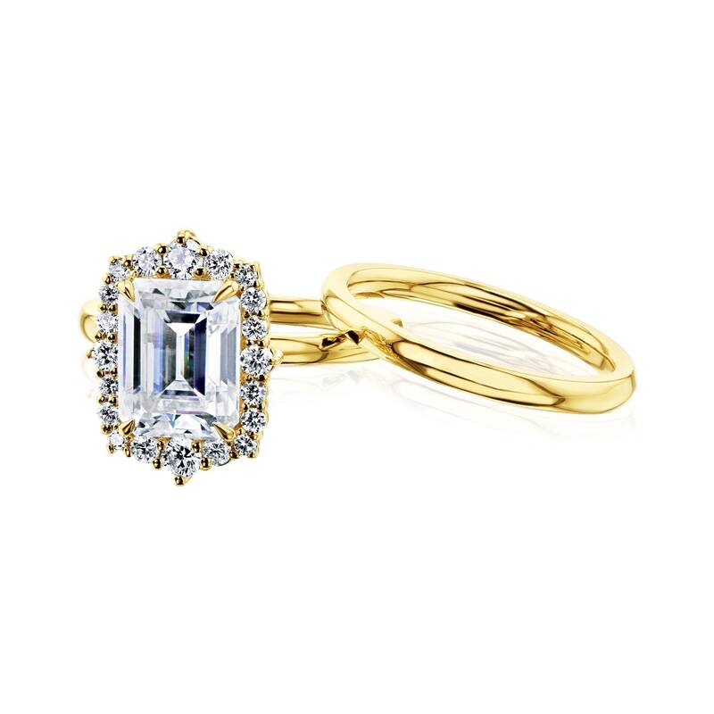 Annello by Kobelli - The 2.85ct Elizabeth 14k Solid Gold Moissanite & Lab Grown Diamond Rococo Halo Plain Band Bridal Set