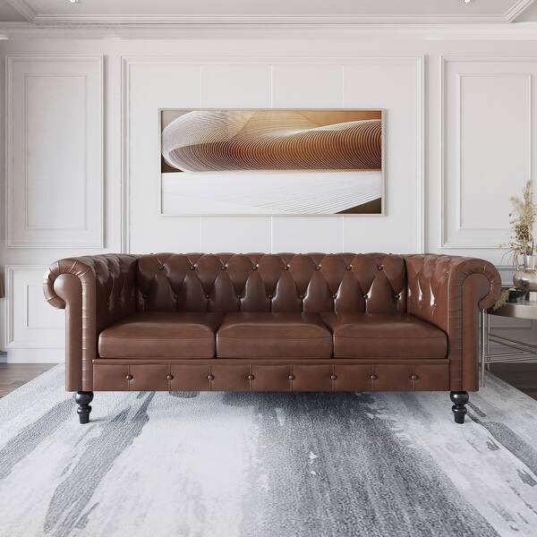 slide 2 of 9, 83" Deep Button Tufted PU Leather Upholstered Loveseat Sofa Classic Chesterfield Sofa Brown