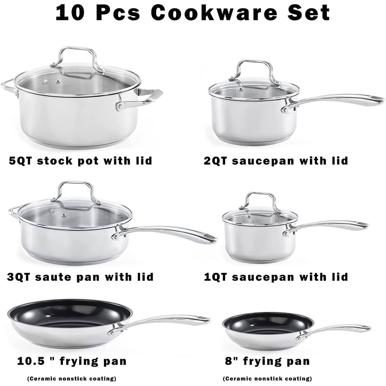 Stainless Steel Pots and Pans Set Ceramic Nonstick, 10 Pieces ...
