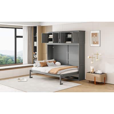 Full Size Murphy Bed Wall Bed with Top Cabinets, Gray
