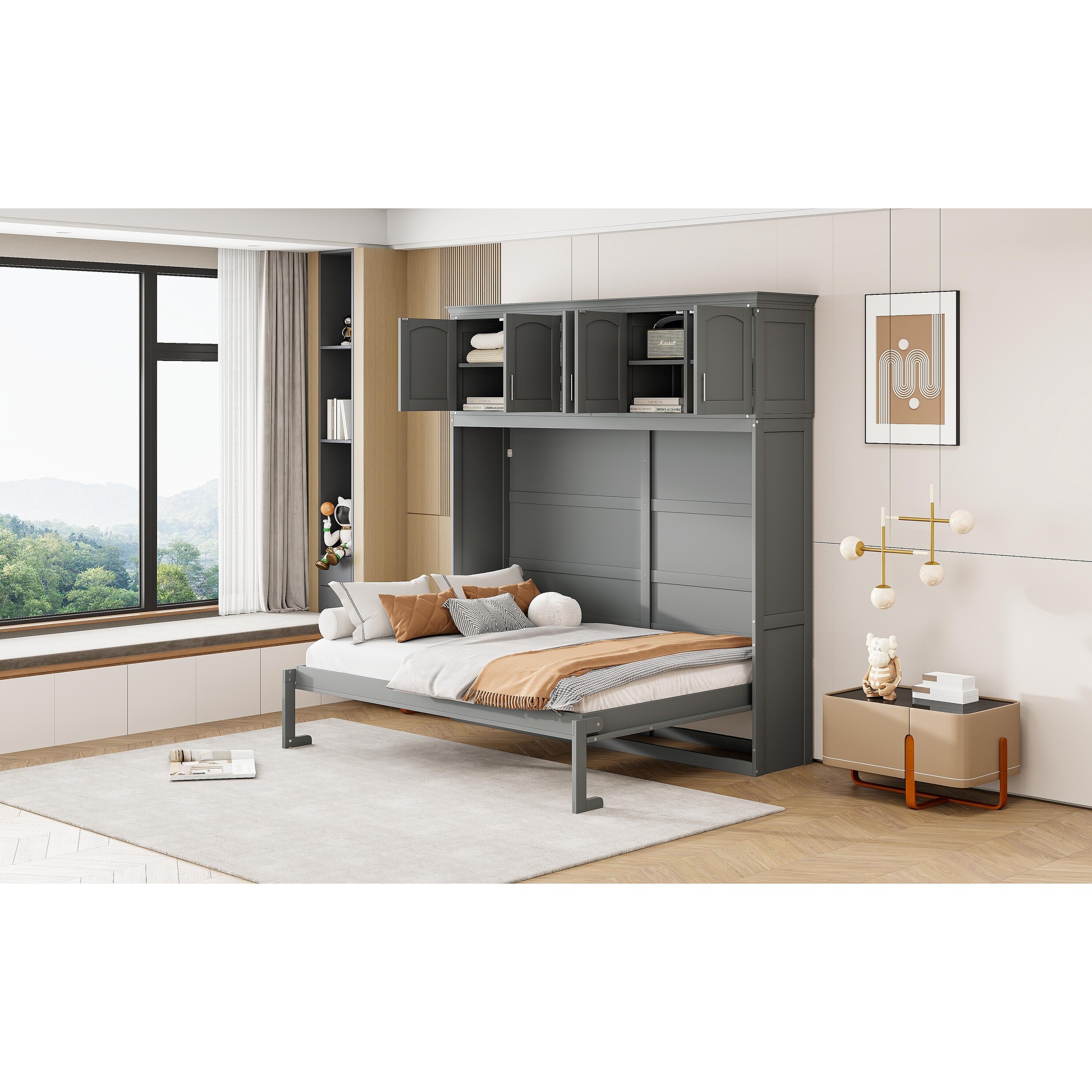 Full Size Murphy Wall Bed with Top Cabinets Foldable Space Saving Design Durable MDF Construction No Box Spring Needed Grey Bed Bath Beyond 42035822