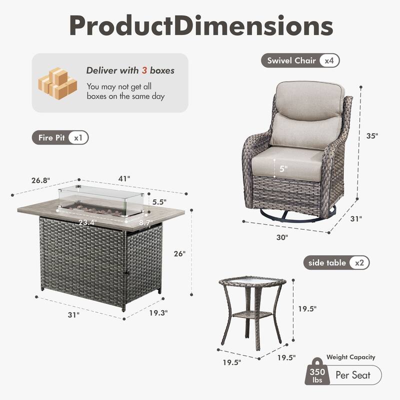 Meyreso 7-Piece Outdoor Patio Wicker Fire Pit 4 person Conversation Set with 5-Inch Thick Cushions