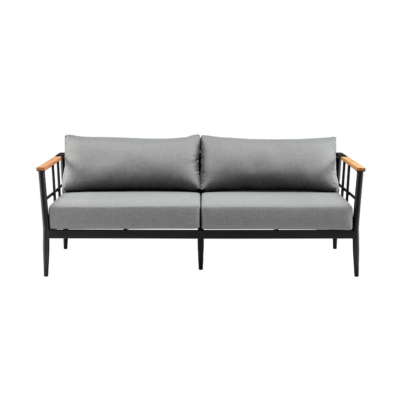Veyda Black Aluminum and Teak Wood 78" Outdoor Sofa with Cushions