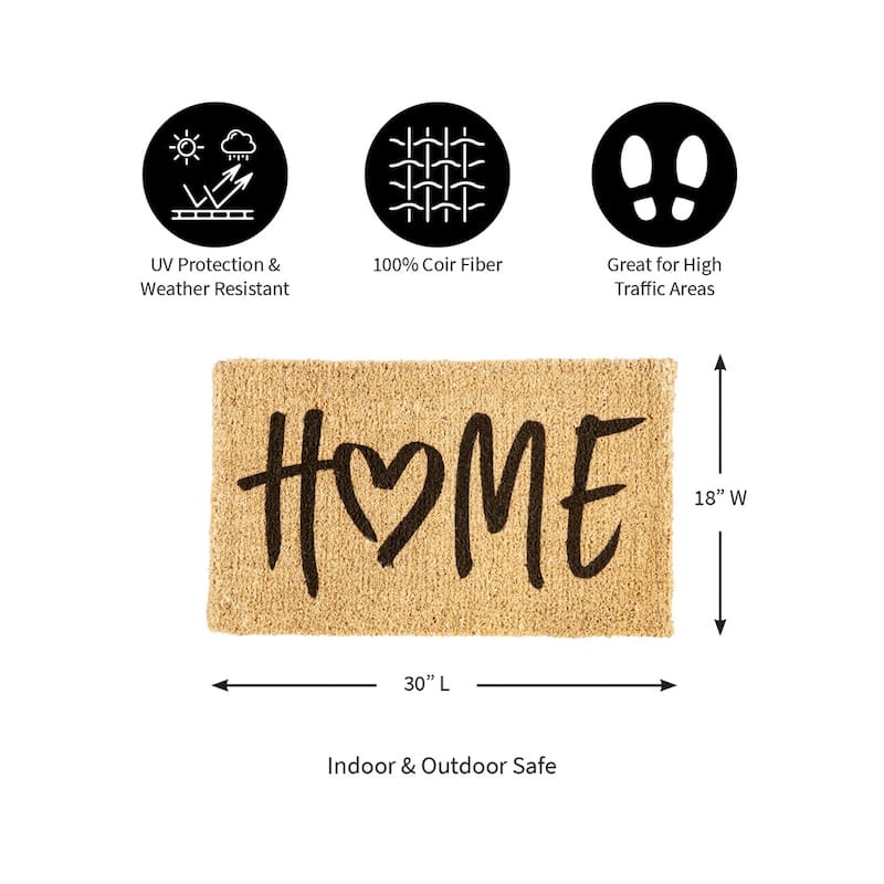 HOME Heart Woven Coir Door Mat, 30 x 18"
