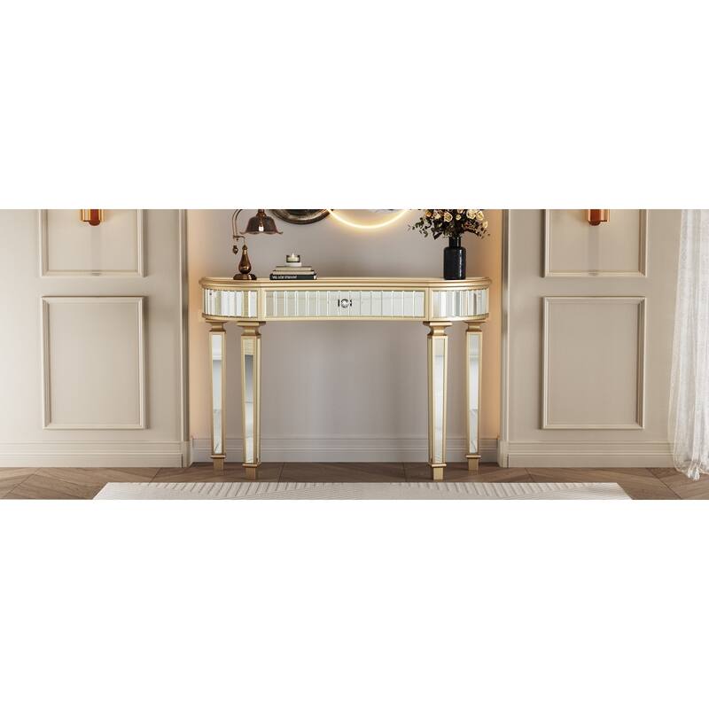47" Half-Moon Mirrored Console Table with Crystal Knob Drawer