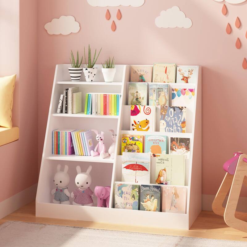 Anmytek Kids Bookcase Large Capacity Trapezoid Bookshelf Eco Friendly Wood Toy Storage Organizer Cabinet