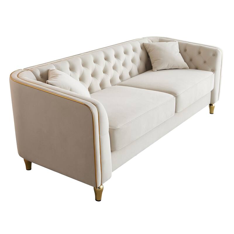 87"W Modern Tufted Beige Velvet Sofa for Living Room, Hotel Apartment