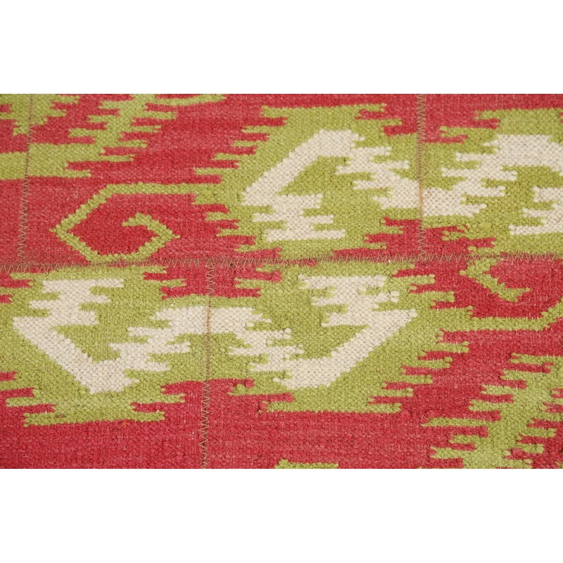 Geometric Kilim Oriental Area Rug Flatweave Pink Wool Carpet - 5'11"x 8'10"