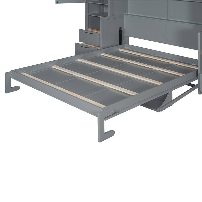 Queen Size Murphy Bed Wall Bed with 2 Wardrobes and 4 Storage Drawers, Foldable Murphy Cabinet Bed w/Open Storage Shelves& Stool