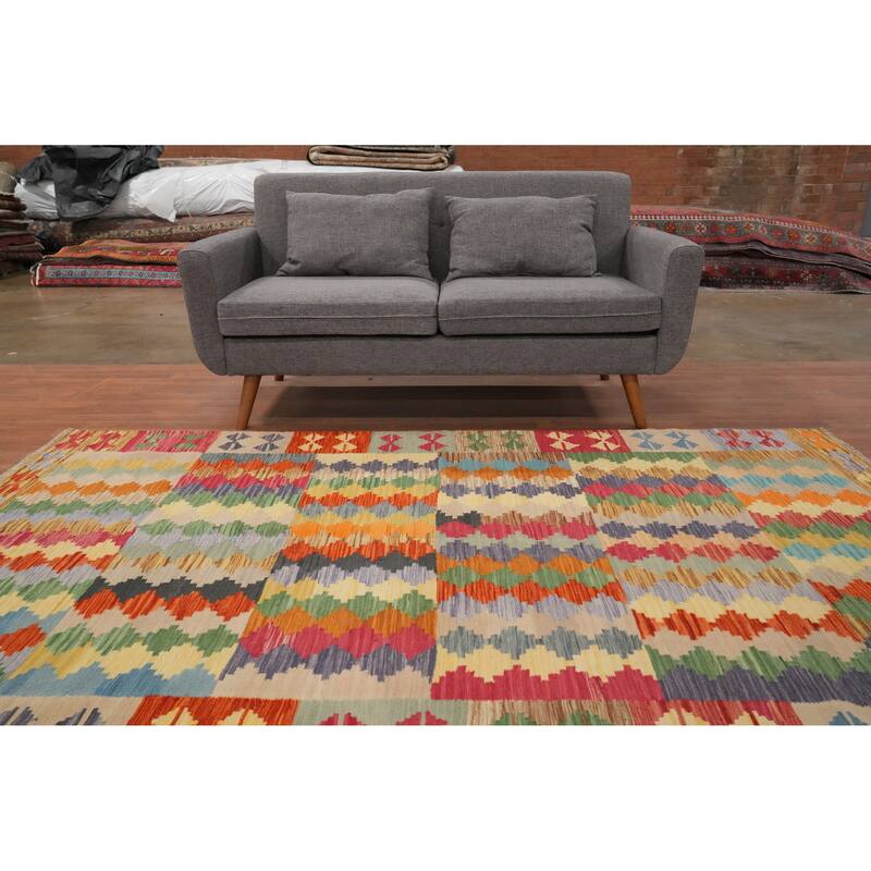 Hand Woven Oriental 100% Wool Carpet Southwestern Modern Multi-Colored Kilim Area Rug - 8' 3'' X 5' 1''