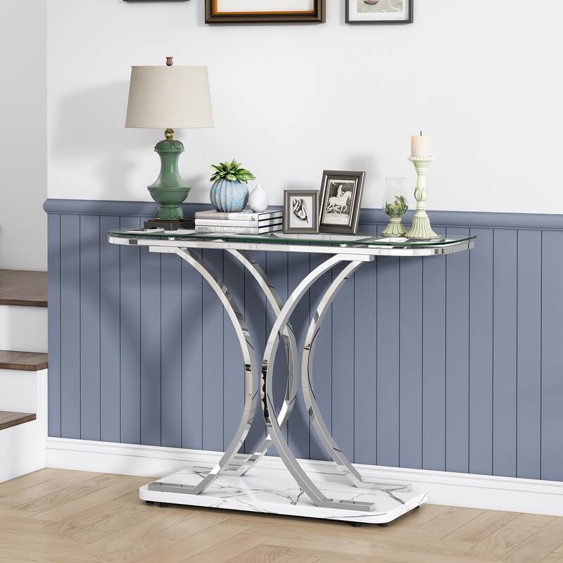 Myhozm 43.31 inches Glass Console Table with Geometric Base, Entrance Side Table for Hallway, Living Room - Chrome