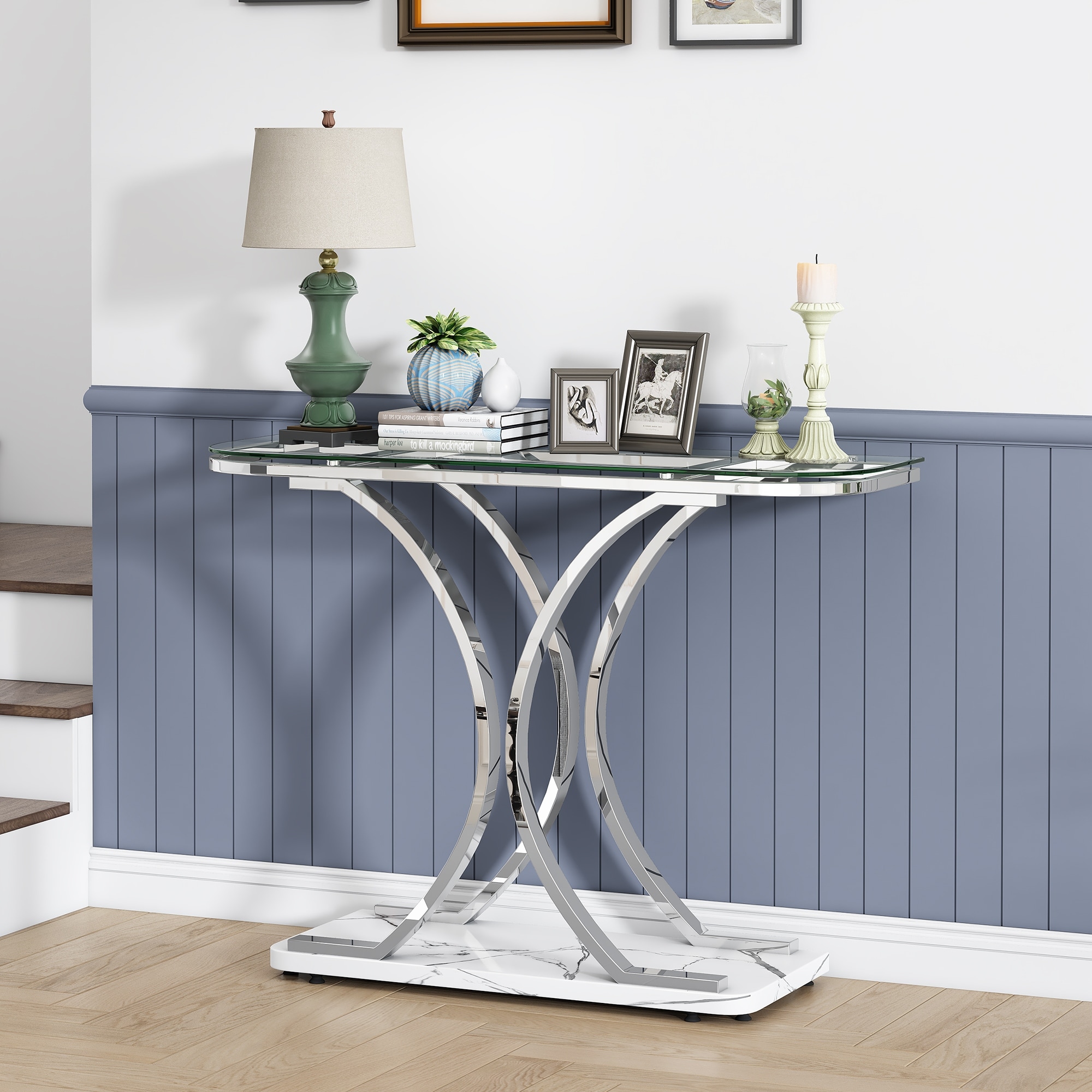 Myhozm 43.31 Inches Glass Console Table with Geometric Base Entrance Side Table for Hallway Living Room Chrome