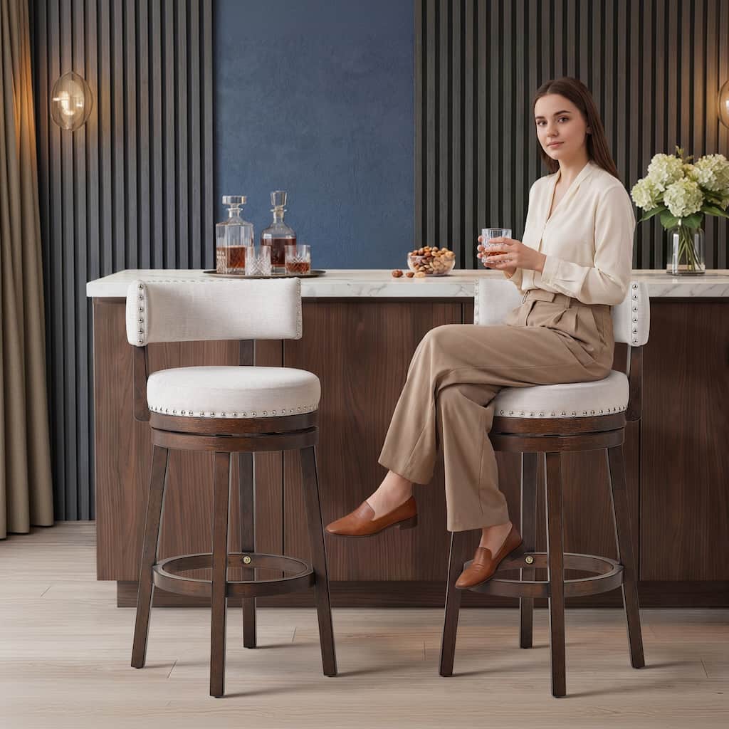 360-Degree Swivel Counter Height Bar Stool with Backrest Rubberwood Frame