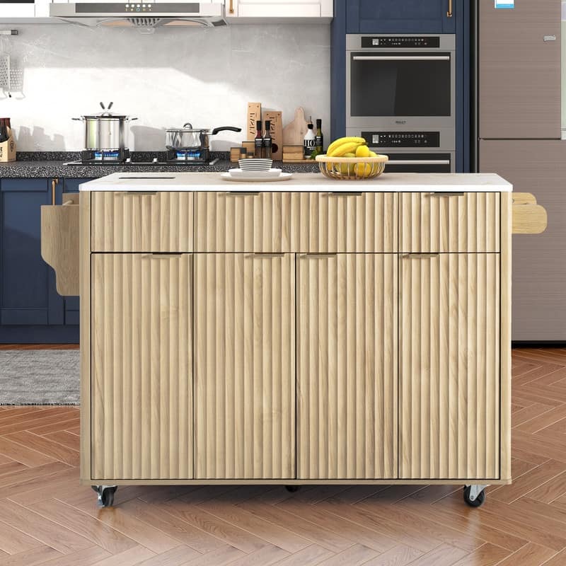 Fluted 55.5" Kitchen Island with Drop Leaf, Rolling Island Table with Drawers, Power Outlet for Functional Kitchen Organization - Natural
