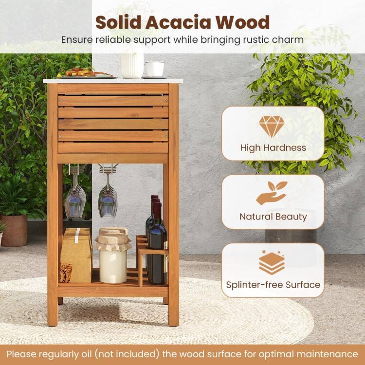 Natural Acacia Wood Resin Outdoor Buffet Cabinet with Faux Marble Top and Storage - 20" x 16" x 36"