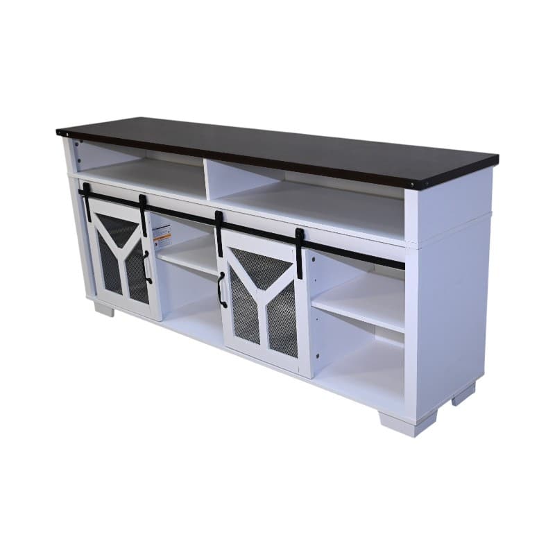 TV Stand with LED Light Strips, Multi-functional Entertainment Center, Console Table with Iron Mesh Barn Door & Open Shelf