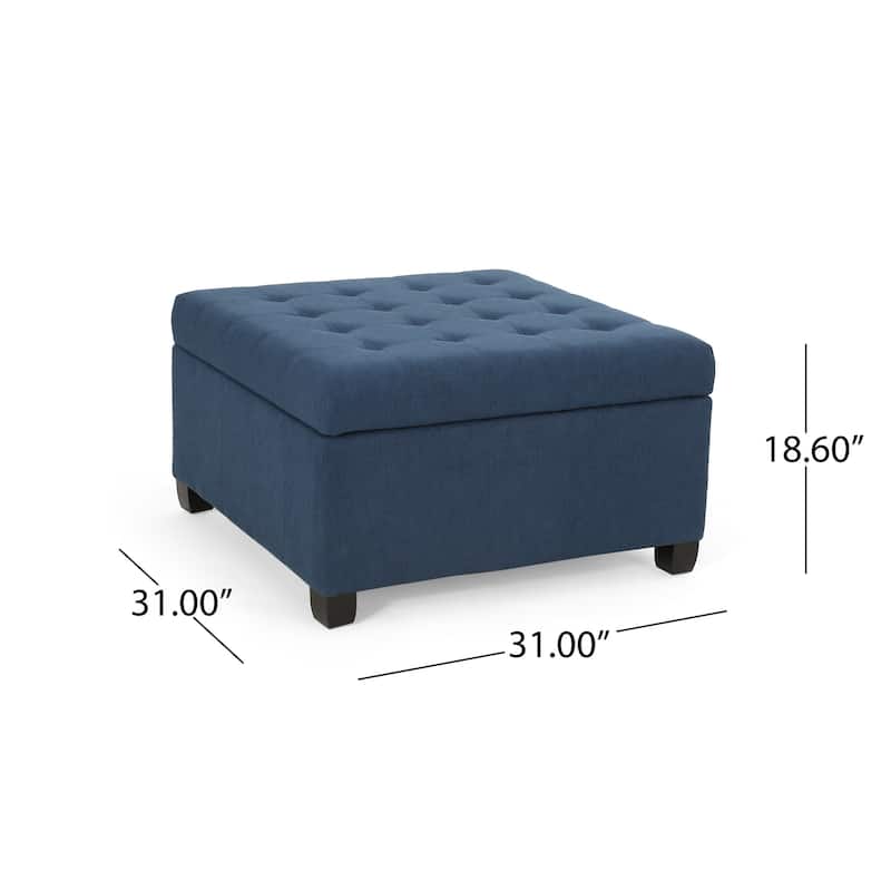 Cindy Ottoman, 31 Inch Square w Storage, Birch Wood, Blue Polyester