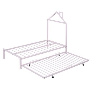Twin Metal Platform Bed with Trundle & House-Shaped Headboard, Pink
