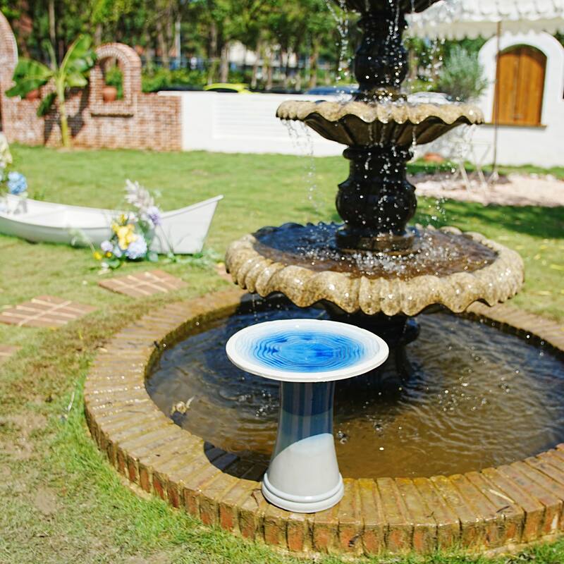 17"Ceramic Bird Bath for Outside, Elegant Tall Outdoor Bird Bath, Lightweight Pedestal Glazed Birdbaths with Swirl Pattern