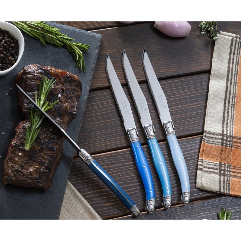 French Home Set of 4 Laguiole Steak Knives, Shades of Blue