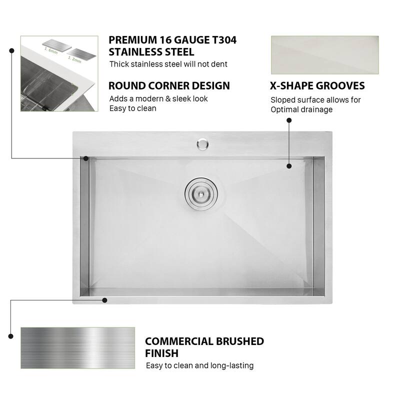 Lordear 18 Gauge Single Bowl Drop-In Stainless Steel Kitchen Sink Brushed