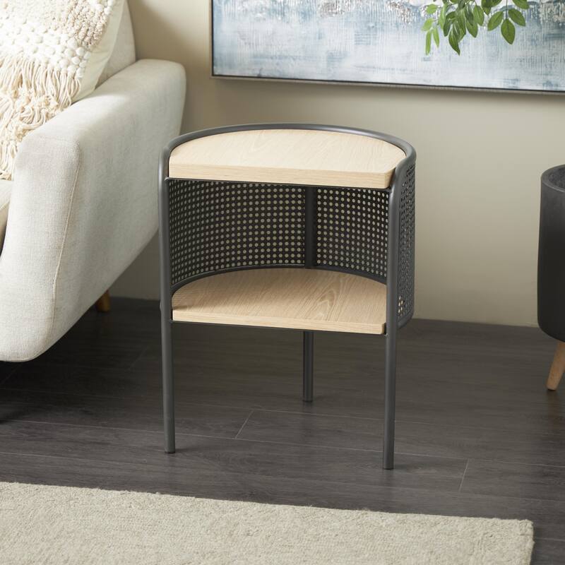 Wooden Half-Moon Two-Toned Accent Table with Mesh Back Panel and Brown Wood Tabletop - Light Brown - Roche River Decor
