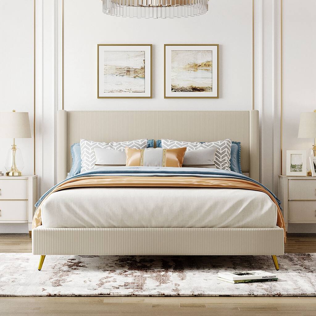 Queen Size Corduroy Platform Bed with Metal Legs