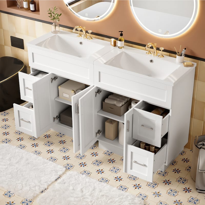 60" Bathroom Vanity with 4 Cabinet Doors, 4 Drawers, 2 Adjustable Shelves, Dual SMC Resin Sinks, Hidden Soft-Close Drawers