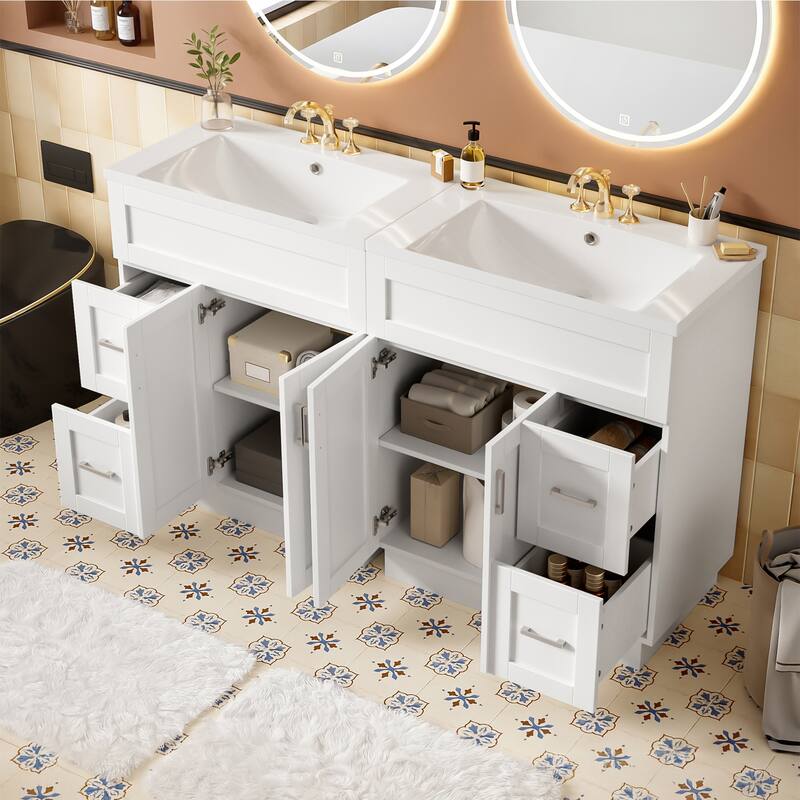 60" Double Bathroom Vanity with Dual SMC Resin Sinks, 4 Doors, 4 Drawers, and Soft-Close Hardware