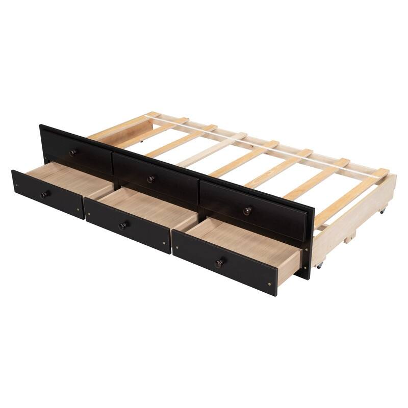 Captain Bed with Bookcase Headboard, Solid Wood LED Platform Bed with Trundle & 3 Storage