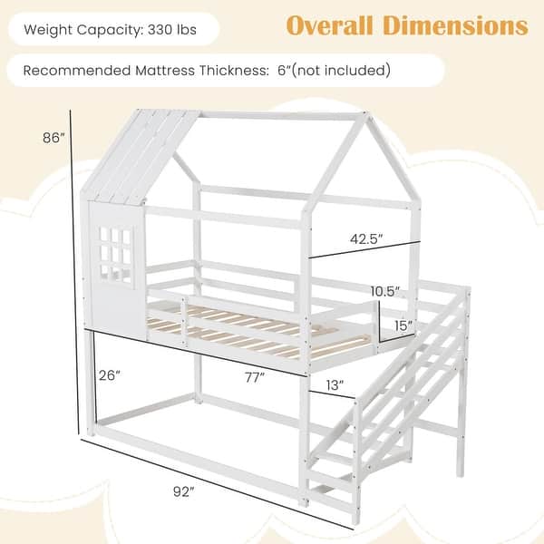White Wooden Twin House Bed with Stairs and Roof for Kids