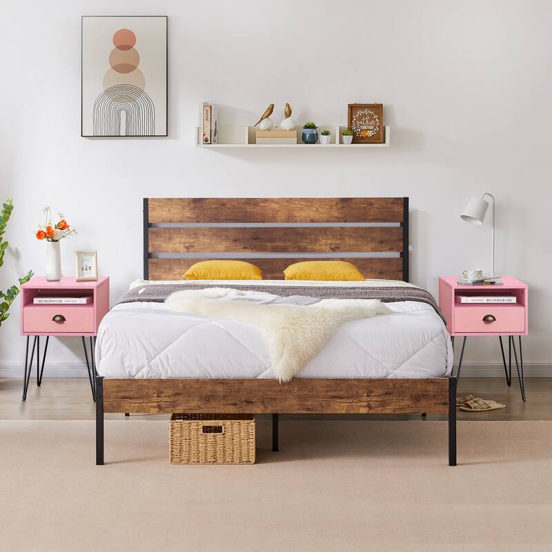 3-Pieces Bedroom Set with Rustic Brown Platform Bed Frame and Nightstands Set of 2