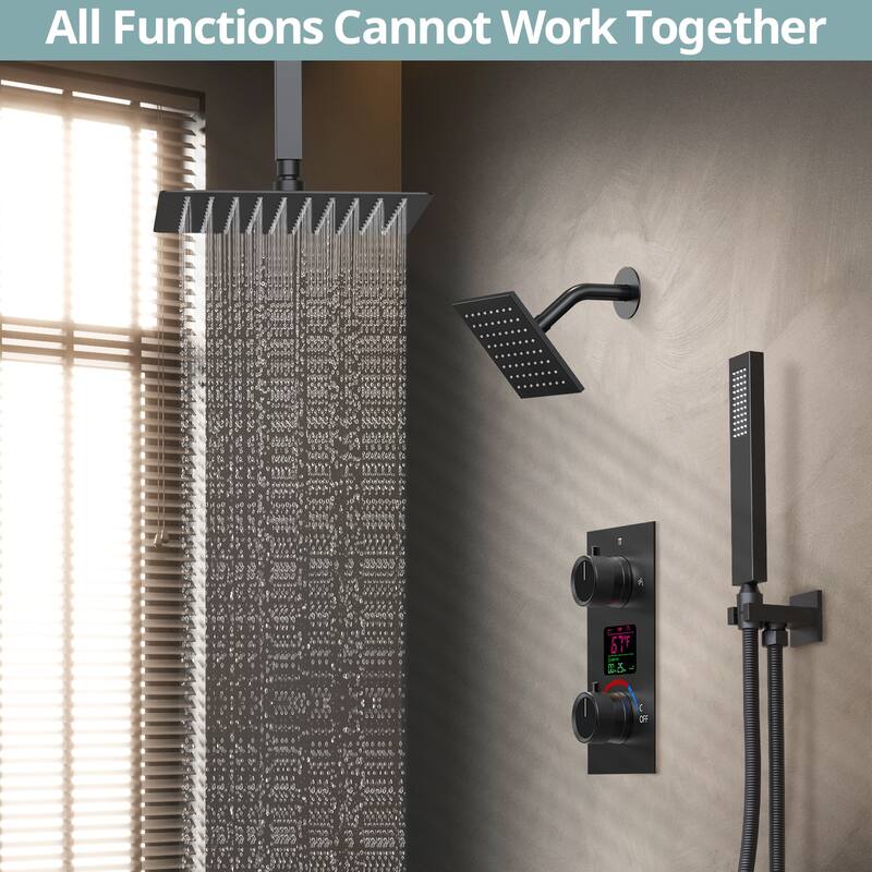 Dual Heads 12" Rainfall & High Pressure 6" Shower System w/ 3 Way Digital Display Faucet