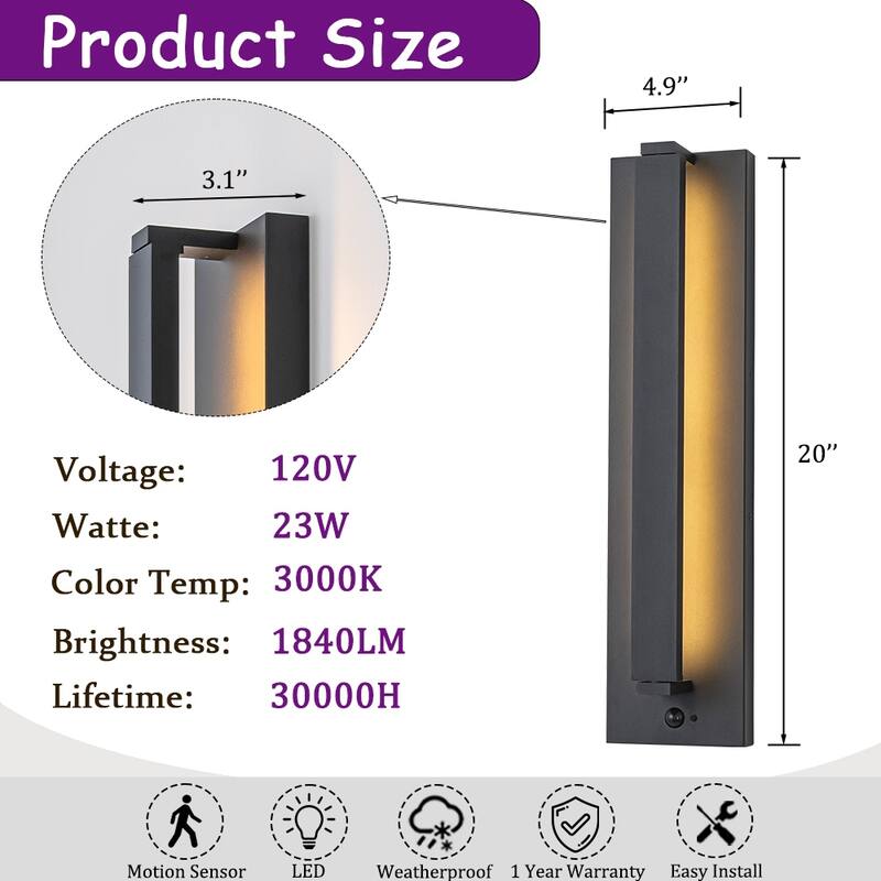 CraftHome Modern Motion Sensor Outdoor Wall Light Integrated LED Wall Sconce Matte Black Iron Exterior Light Fixture