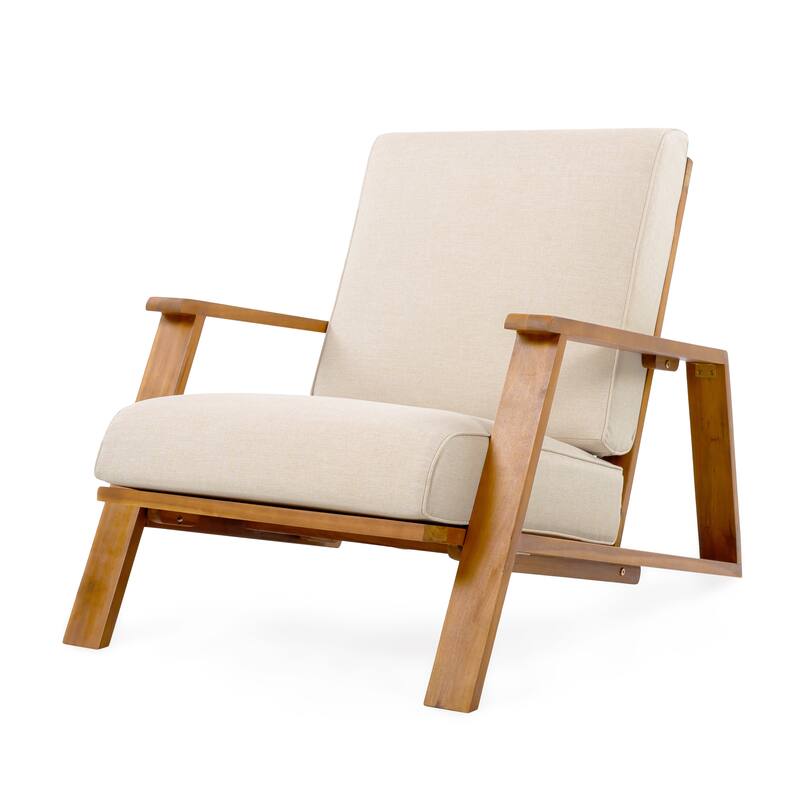 Patio Lounge Chair, Outdoor Club Chair with Beige Cushion and White Acacia Wood Frame