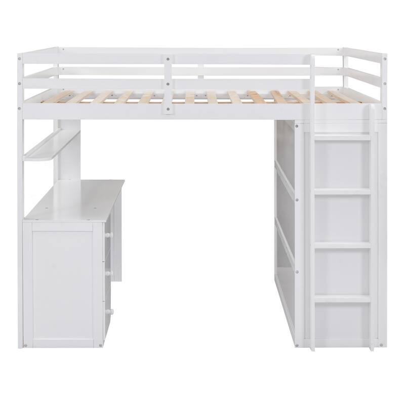 Space-Saving Full Loft Bed with Drawers, Desk, and Wardrobe in White