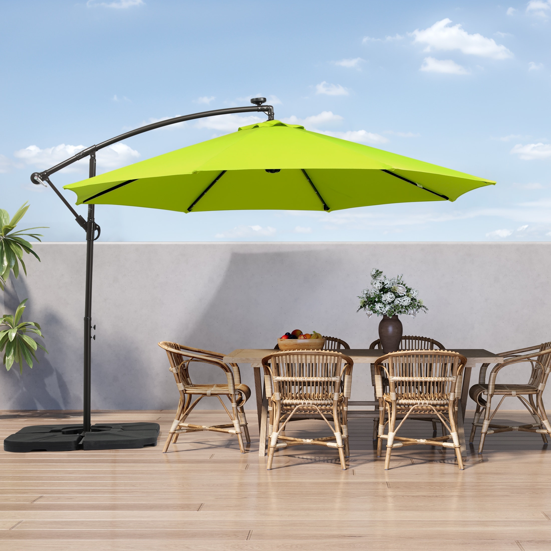 cabana stripe patio umbrella WestinTrends 10 ft Outdoor Solar LED Cantilever with Base Weights, Dark Green Weather resistant polyester canopy provide a nice outdoor shade for your patio Summit Living 15 ft Double-Sided