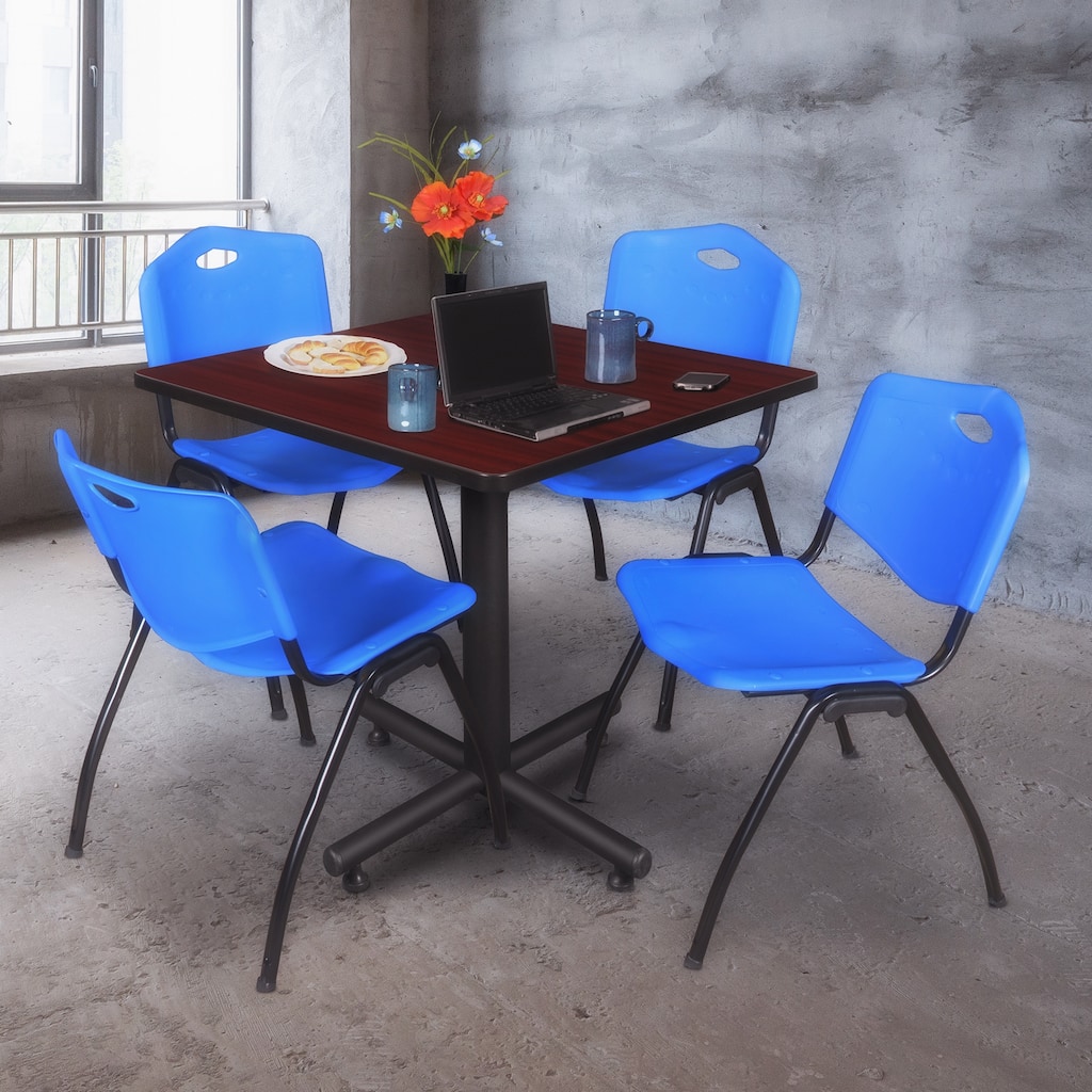 42" Square Breakroom Table- Mahogany & 4 'M' Stack Chairs- Blue - 42