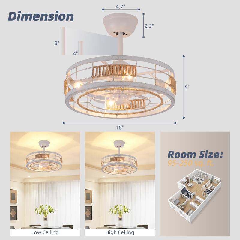18 in. Indoor Caged Ceiling Fan with Lights, Reversible DC Motor and Remote Control for Small Bedroom