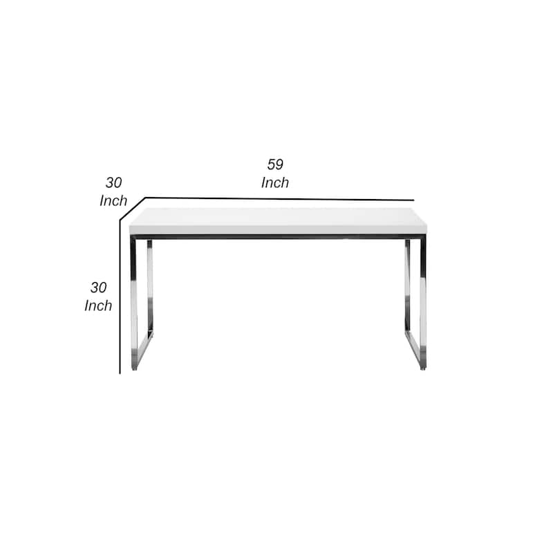 Rami 59 Inch Office Desk, Rectangular Top, White Wood Finish, Steel Frame