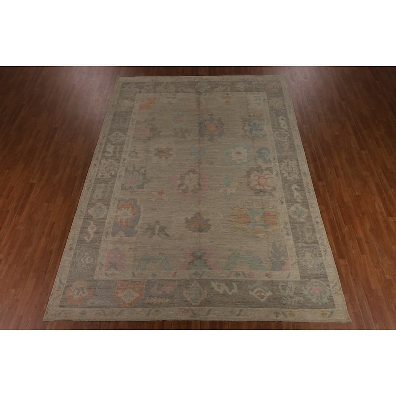 Vegetable Dye Oushak Turkish Area Rug Hand-Knotted Beige Wool Carpet - 9'3"x 12'5"