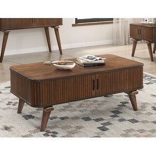 1pc Modern Storage Cocktail Table: Walnut Finish, Tambour Doors & 2 ...