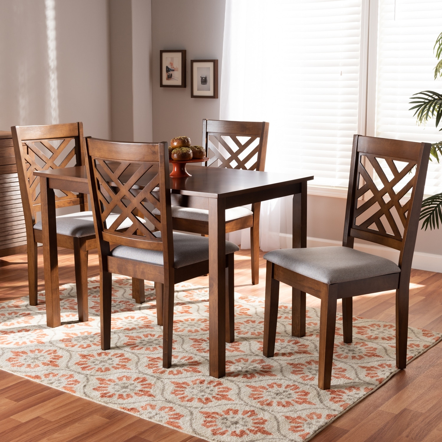 5 Piece Dining Set - Fabric Upholstered Chairs & Walnut Table - Modern Dining Room Furniture