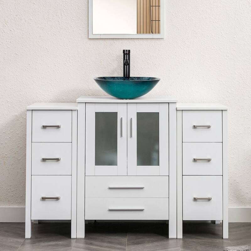 48" Bathroom Vanity Set Vessel Sink Faucet W/ Small Cabinet Combo - turquoise square sink - White