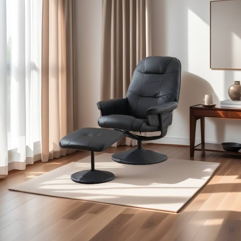 PU Leather Recliner with Ottoman, 360° Swivel Lounge Chair Featuring 5-Point Vibration, Heated Seat & 140° Adjustable Backrest - Black