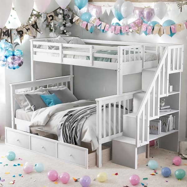 slide 2 of 20, Modern Twin over Full Bunk Bed With Drawer,Storage And Guard Rail,Solid Construction for Kids White